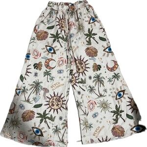 Wide Leg Pants in White and Brown with Nature-Inspired Print